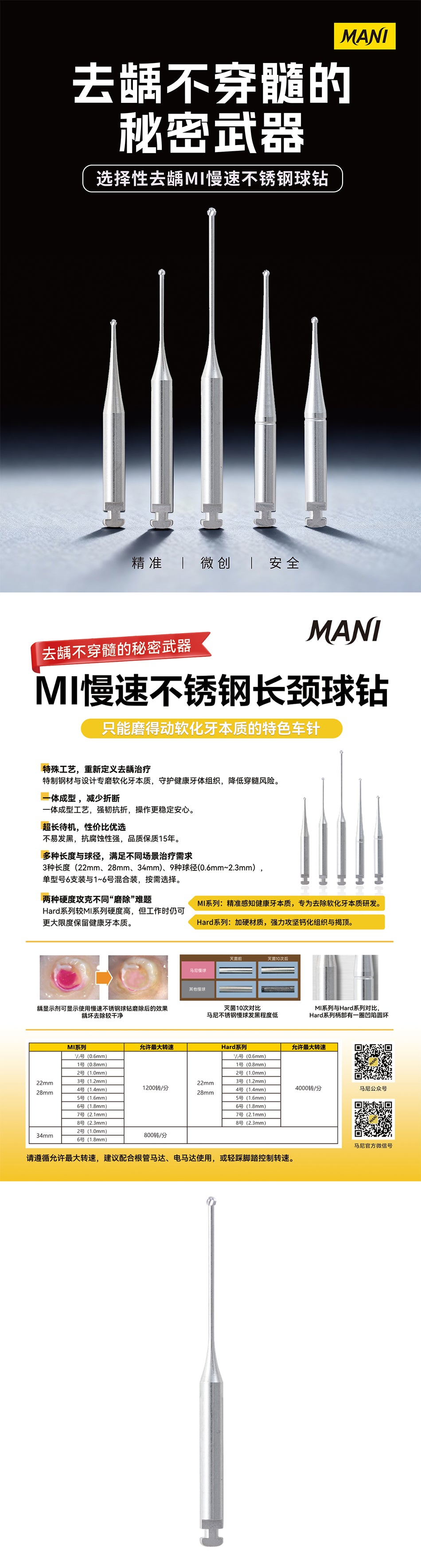 马尼/MANI 牙科修整用不锈钢车针/MI STAINLESS BURS 22mm /6支/盒 #1
